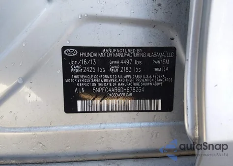 2013 Hyundai Sonata Se 2.0T z USA, uszkodzony, nr VIN 5NPEC4AB6DH678264